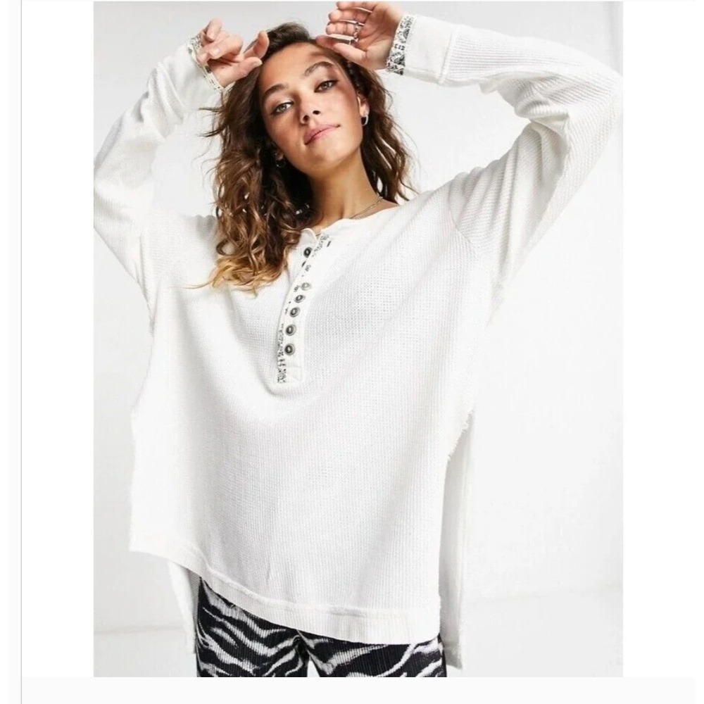 Free People Fall For You Henley Thermal Tunic Top L Patches Knit Bandana Boho
